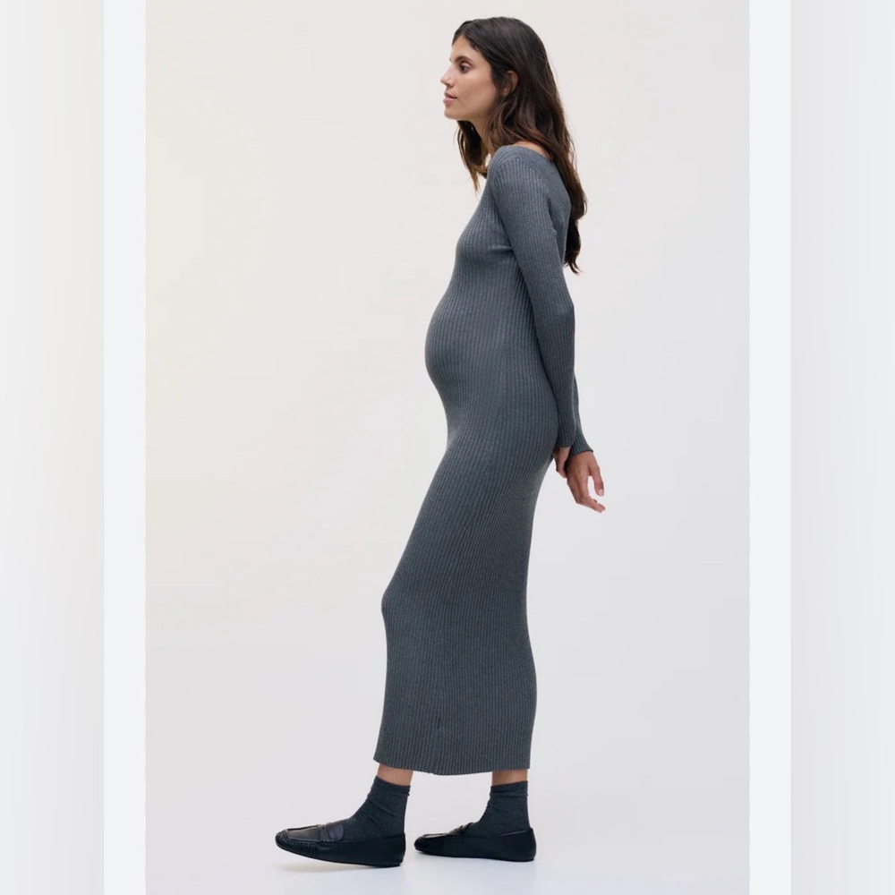 ✨🖤 H&M‎ Mama Ribbed Maternity Midi Dress Gray Long Sleeve Bodycon M 🖤✨